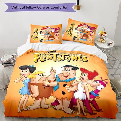 Flintstones 3pcs Bedding Set Duvet Cover Closure Includes 1 Duvet Cover & 2 Pillowcases for All Seasons Bedroom Home Dorm Decor