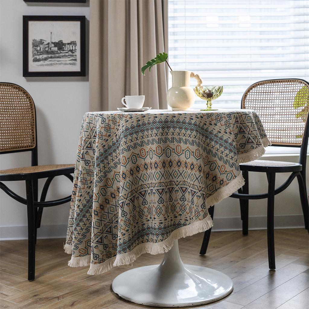 Floral Round Tablecloth with Tassels Diameter – Light Blue Polyester Jacquard Design, Decorative Lace and Fringe Detail for Dining