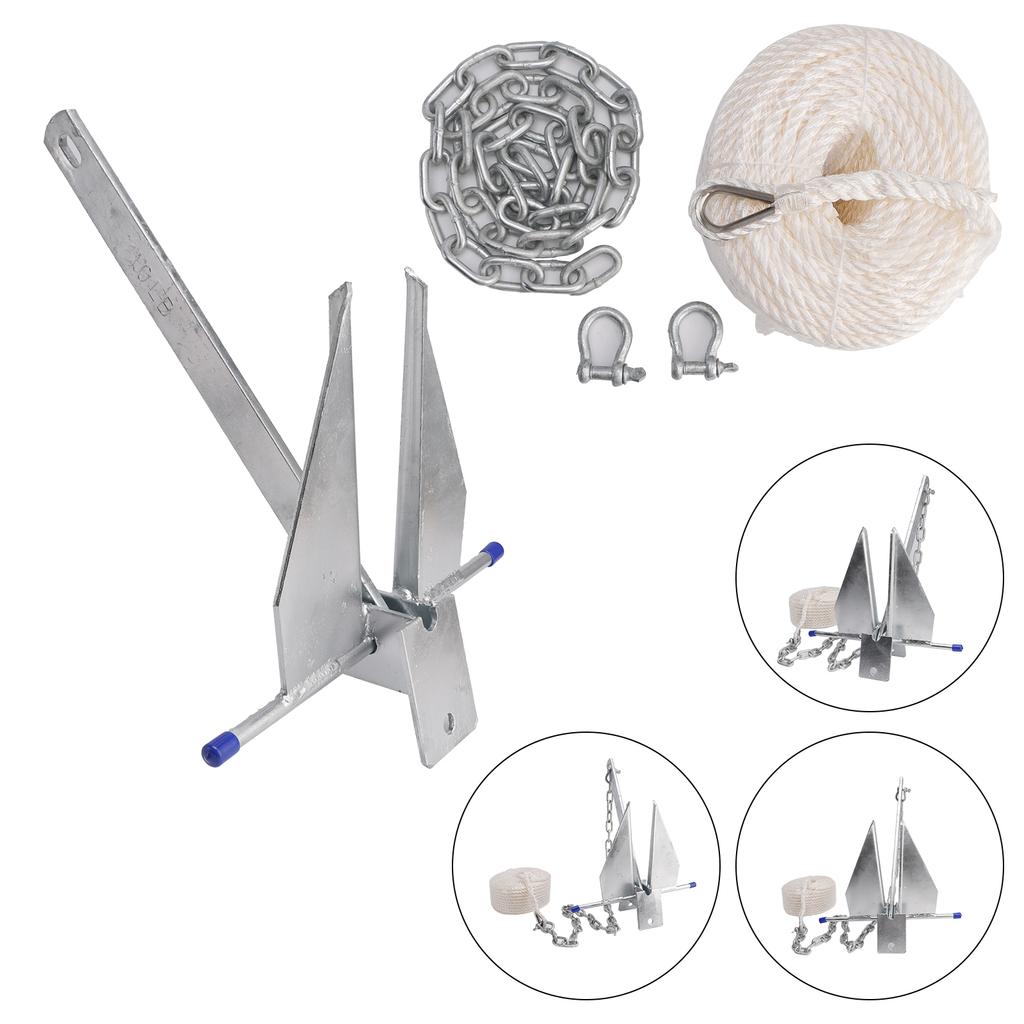 10 Lbs Steel Slide Anchor Hot-Dipped Anchor Kit Chain&Rope Set Silver For Boat