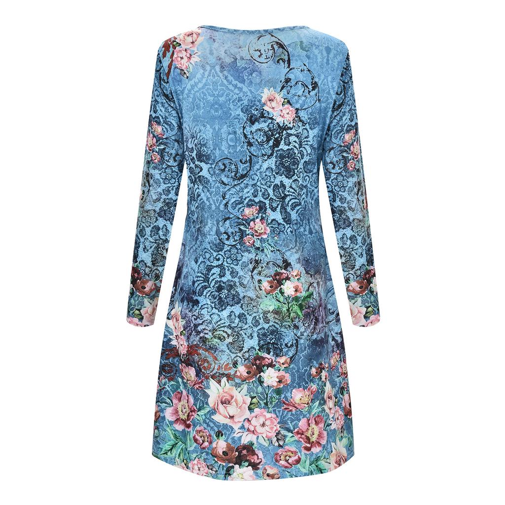 GMXIA Женская мода весна осень однотонный принт с длинным рукавом и круглым вырезом повседневные платья