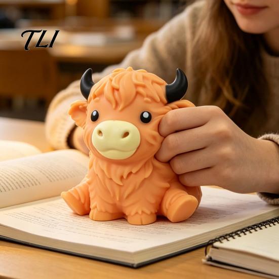 Relaxing Hand Therapy Toys Highland Cow Stress Relief Toy, Squeezable Cattle Sensory Soft Calming Toy Ball Fidget for Office Home and Classroom