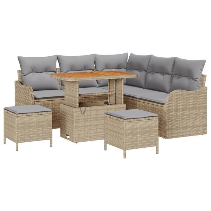 Canapé de Jardin 8 Pièces Beige Rattan Poly Acacia, Canapé de Jardin 2 Places Beige Rattan, Salle à Manger Extérieure 3 3362267
