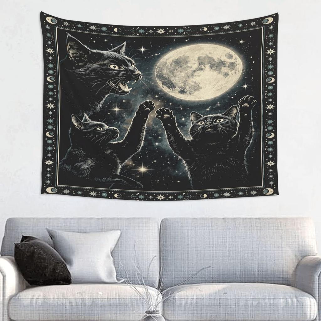 Halloween Black Cats Tapestry Hippie Polyester Wall Hanging Witchy Mystical Moon Wall Decor Curtain Art Wall Tapestry
