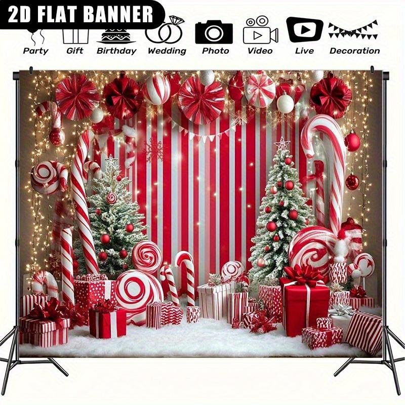 2D flat, Christmas background with candy canes and gingerbread houses - 2D flat banner party decoration, durable polyester fiber