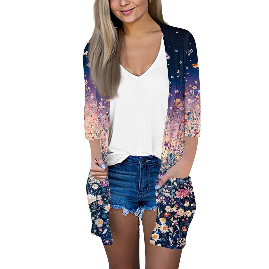 Женский модный свободный повседневный кардиган с принтом и карманами, куртка с рукавом семь восьмых, топ