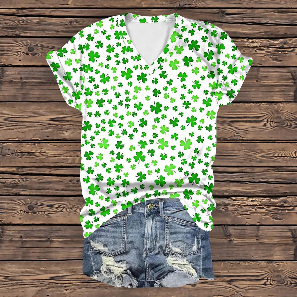 Женская повседневная свободная одежда St. Футболка с короткими рукавами и V-образным вырезом с принтом ко Дню Святого Патрика