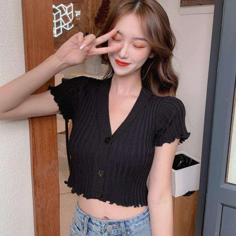 Летняя вязаная футболка с оборками, модные сексуальные тонкие укороченные топы с v-образным вырезом, однотонный кардиган с короткими рукавами для женщин