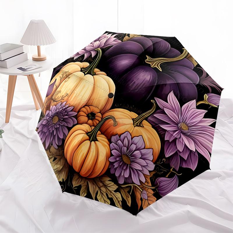 1PC Pumpkin, Autumn Flowers Automatic 8-Bone Folding Umbrella - Durable Polyester & Iron Frame,Userfriendly Operation y250929111