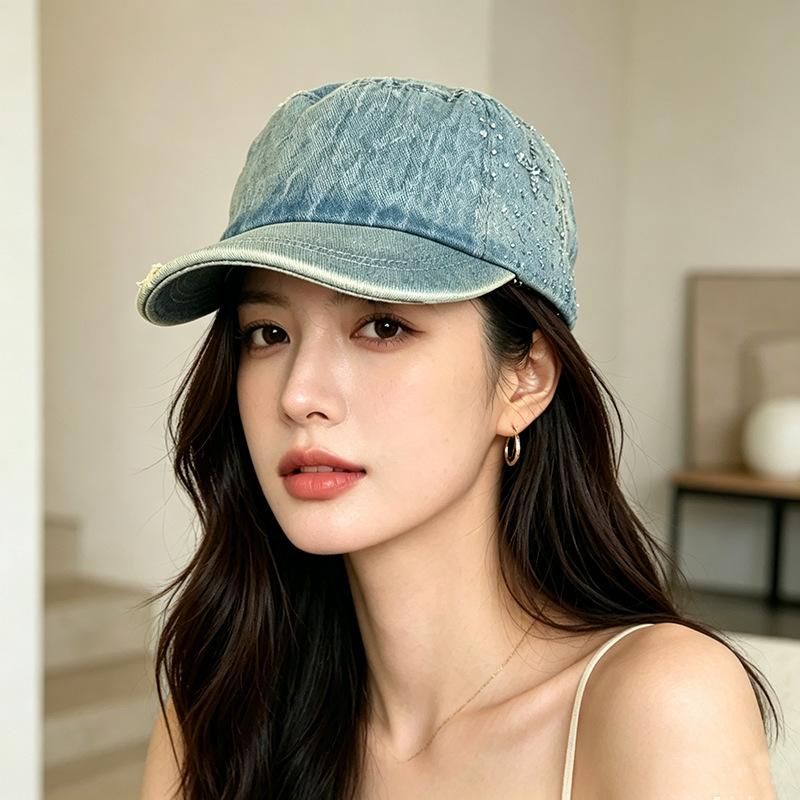 Rhinestone flat top baseball cap Girl Spice Girl retro cowboy cap British niche literary and artistic face newsboy hat