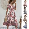 Women Midi Dress V Neck Short Puff Sleeve Color Matching Floral Print High Tight Waist