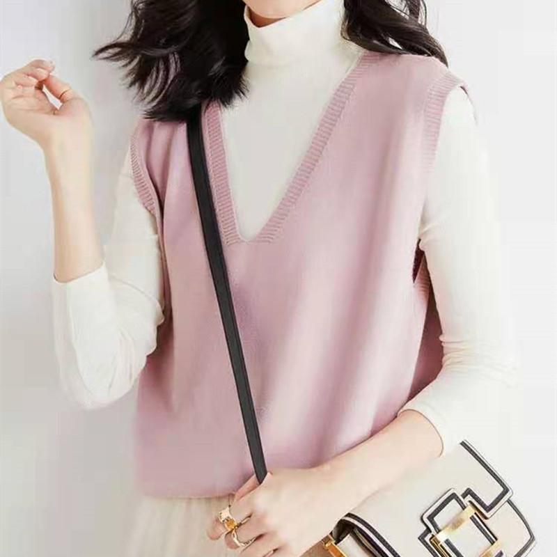 Вязаный жилет женский с рубашкой однотонный свитер с V-образным вырезом свободный пуловер повседневный камзол на осень женский жилет