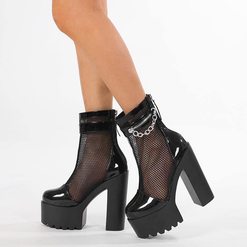 Gdgydh Женские короткие сапоги на блочном каблуке, стильные ботильоны на высоком каблуке с дышащей сеткой и молнией сзади, модная летняя обувь с цепочкой