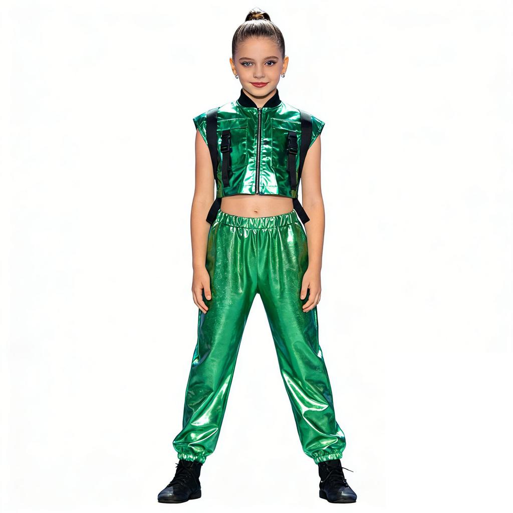 Girls Metallic Vest Jazz Performance Sleeveless Side Zipper Open Shiny Pants Elastic Waistband Dance Set