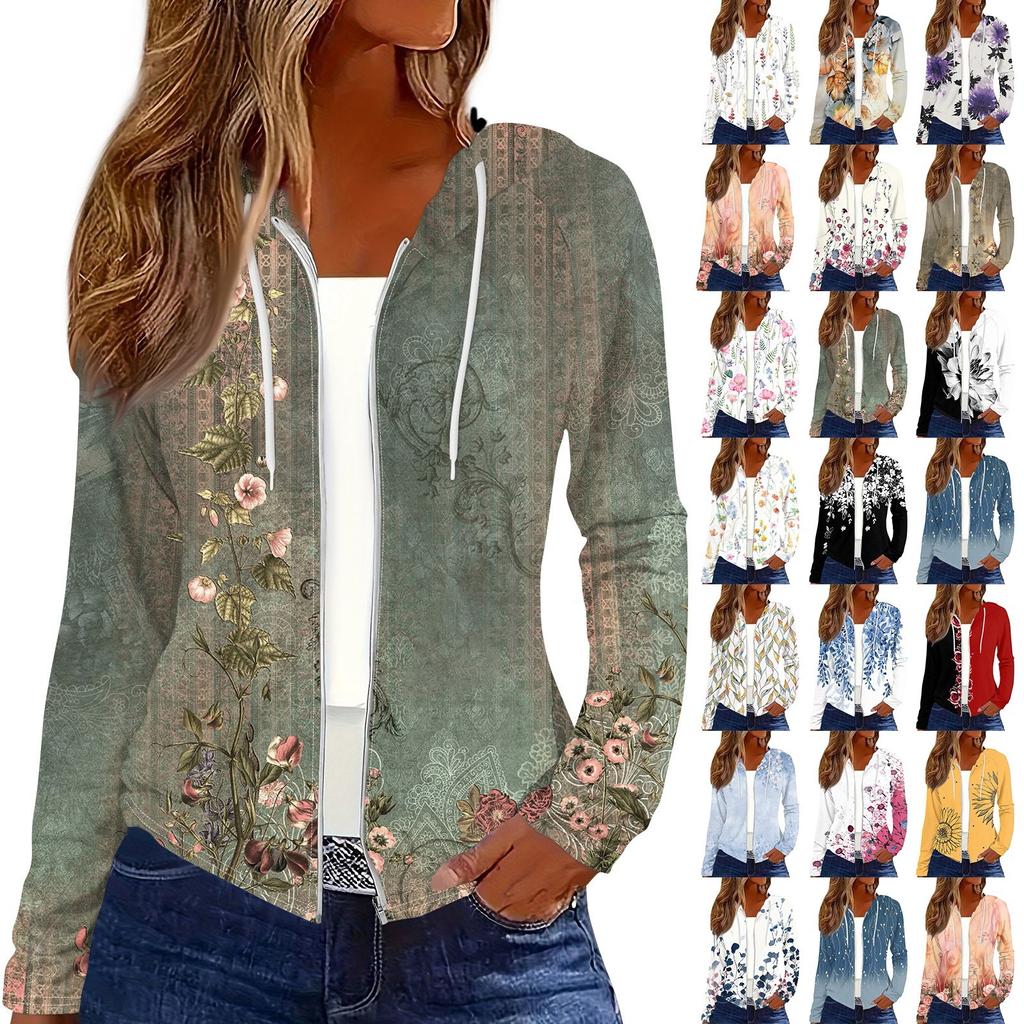 Women's Fashion Casual Zip Up Hooded Print Long Sleeve Sweatshirts Coat