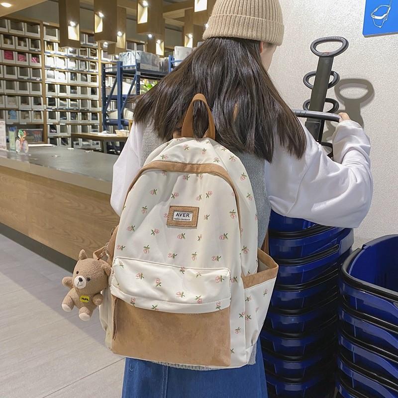 Blocked Fashionable Color Flower Pattern Letter Decor Student Backpack Casual