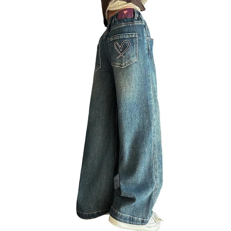 Детские зимние утепленные джинсы с вышивкой в виде сердца и карманами для девочек, теплые брюки для детей с флисовой подкладкой, плотные джинсы для подростков