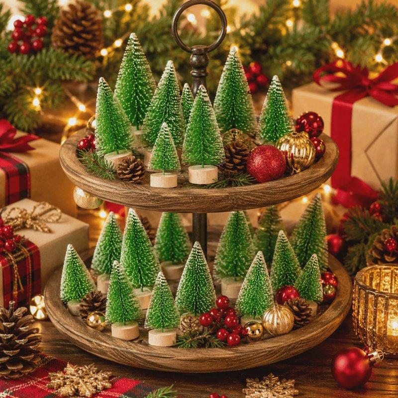DIY Village Decor Mini Christmas Trees 50Pcs Snow Flocked Bottle Brush Pine Trees with Wooden Base
