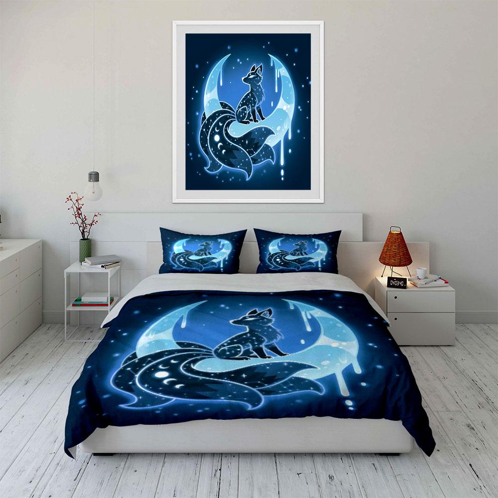 "Starry Fox Moonlight Decor Set" Bedding Set with 1 Duvet Cover 2 Pillowcases Single Double King Queen, Gift