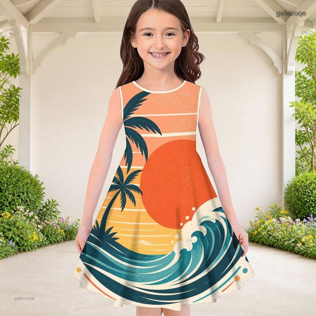 Girls Round Neck Sleeveless A Line Flared Gradient Printed Dress