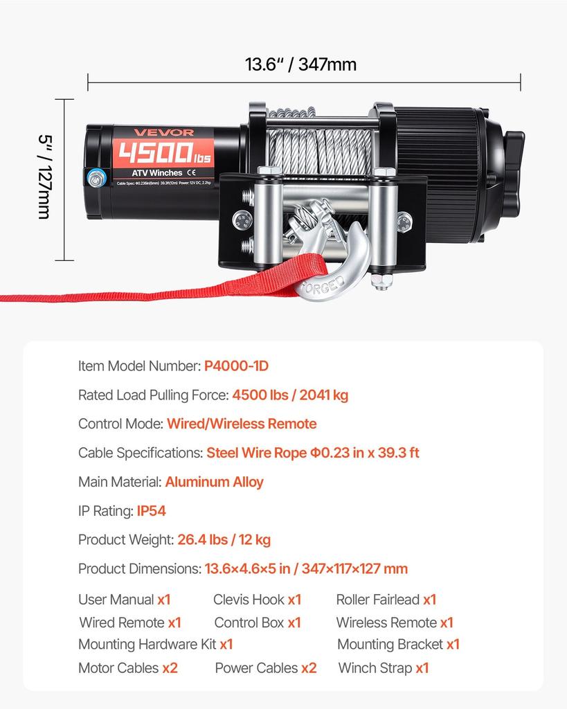 2041 kg Electric Winch, 12V DC ATV/UTV Winch with 6 mm x 12 m Steel Wire Rope, Wireless & Wired Remote Control, IP54 Waterproof, Roller Fairlead Mount