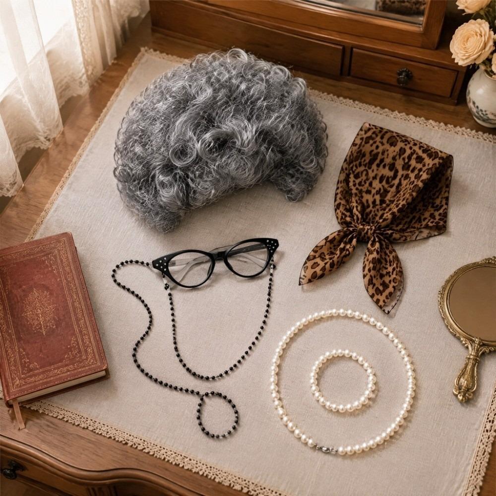 5pcs Pearl Necklace Bracelet Cosplay Grandmother Hairpiece Old Lady Funny Wigs Set Themed Gathering