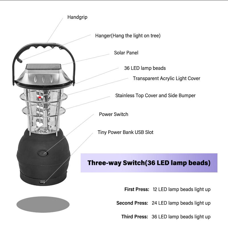 Rechargeable LED Camping Lantern Flashlight,Solar Powered Light With Hand Crank For Emergency,Mni Power Bank With USB