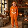 Funny Cosplay Romper Halloween Pumpkin Onesie Pajamas, Adult Jumpsuit with Happy Plush Fleece Homewear Face, Soft Hooded Costume for Party Night,