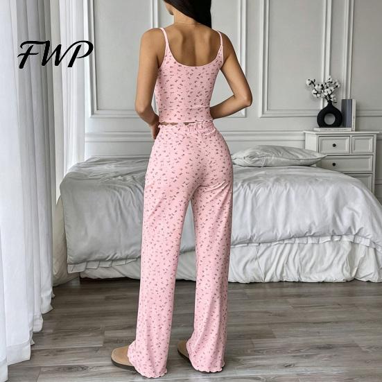 Casual Home Wear for Apartment Living Women Pajamas Set with Floral Print, Sleeveless U Neck Elegant Camisole Lounge Sets And Pants, Sexy Comfortable