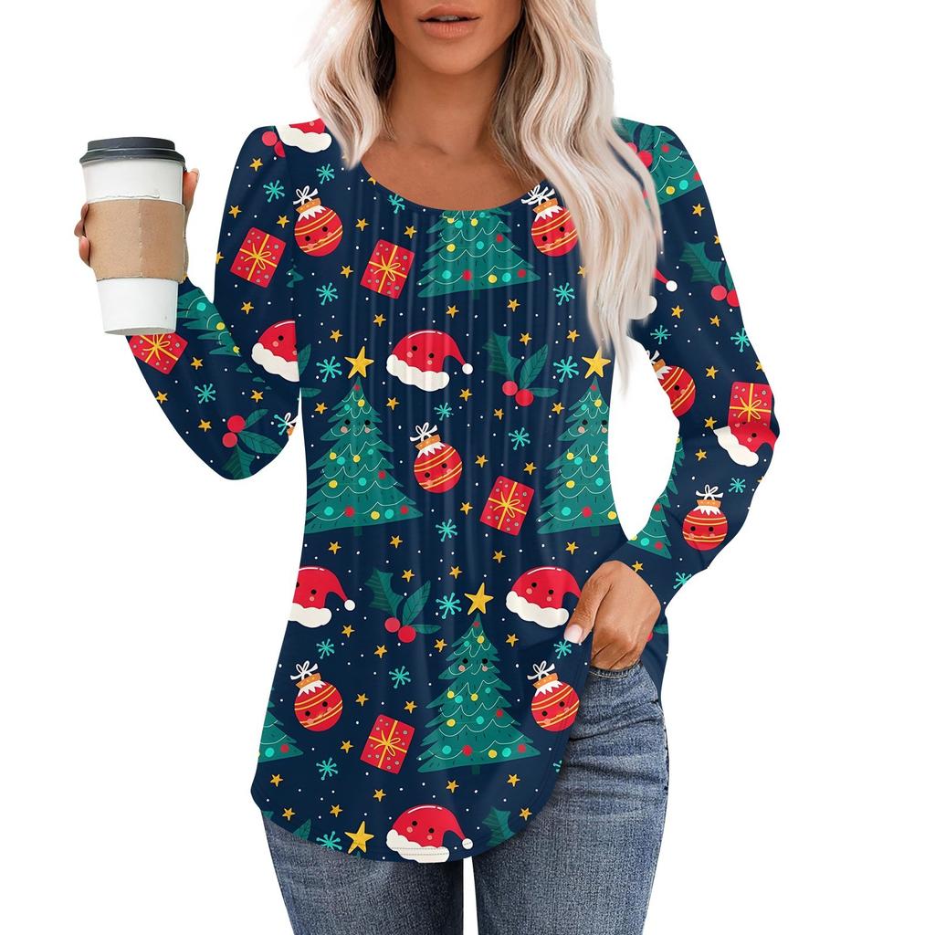 Рубашки с длинным рукавом для женщин, топы, нарядные повседневные блузки с рождественским принтом, плиссированные туники с круглым вырезом