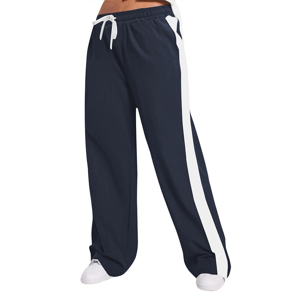 Contrasting Colour Block Elastic Waist Wide-leg Pants Casual Straight-leg Pants for Women Wide-leg