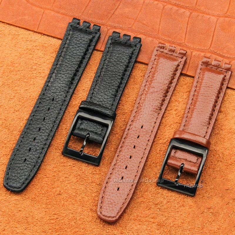 17-мм браслет из натуральной кожи для ремешка Swatch, ремешок для часов Lychee, наручный ремешок, коричневые ремешки для часов, аксессуары