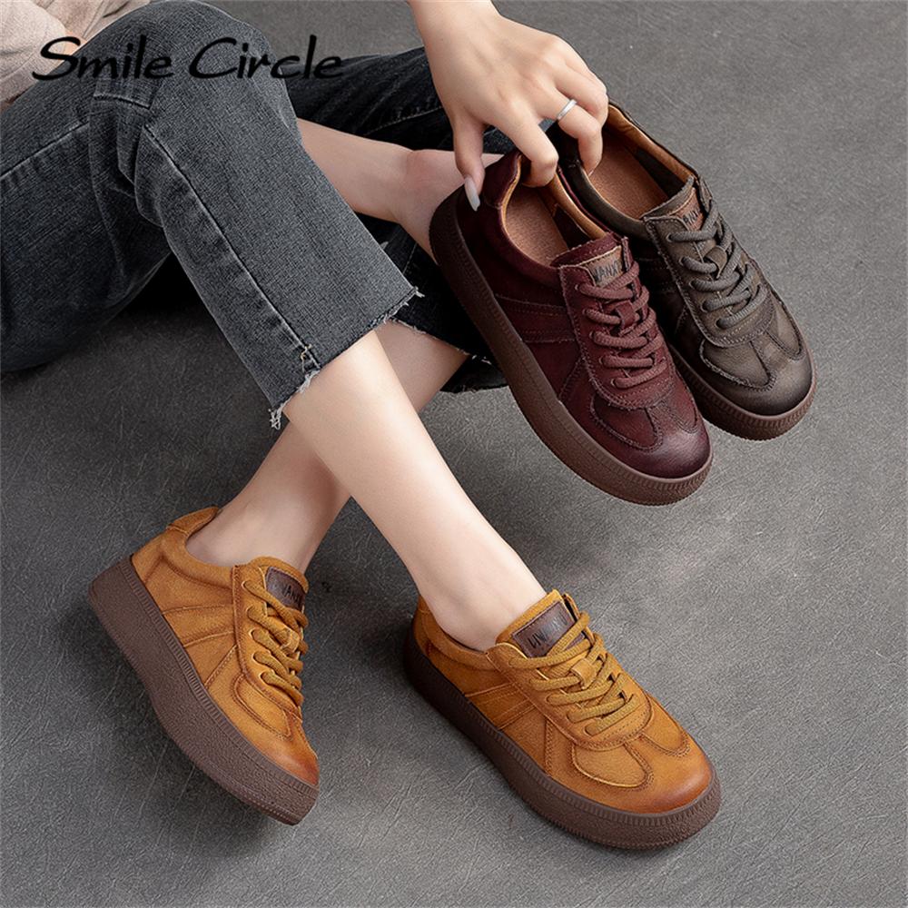 Женские кроссовки из натуральной кожи, низкие туфли на плоской подошве с круглым носком, модная удобная женская повседневная обувь