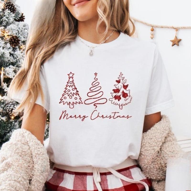 Glitter Effect Merry Christmas Cotton Tshirt Tree Xmas Unisex Santa Hat Reindeer Cute Crew Neck All Seasons Soft Utdoors Tees