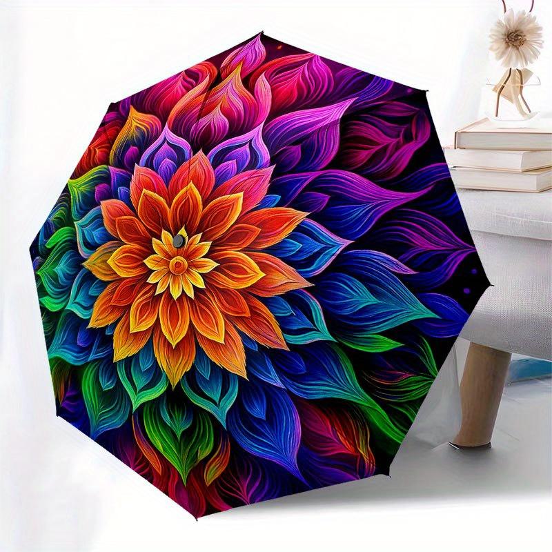 Vibrant Rainbow Flower Mandala Wall Art PrintUmbrella with Cute Design, Portable 3-Fold Compact Umbrella for Men & Women, Valentine's Day Mother's Day