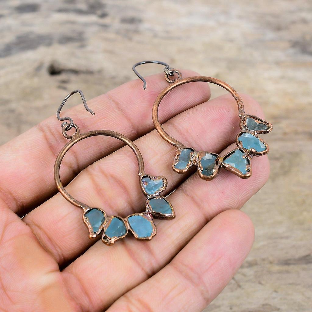 Грубые серьги с аквамарином, медные серьги, изготовленные методом гальванопластики, серьги с драгоценными камнями, ювелирные изделия, серьги ручной работы, подарок для женщин, медные украшения
