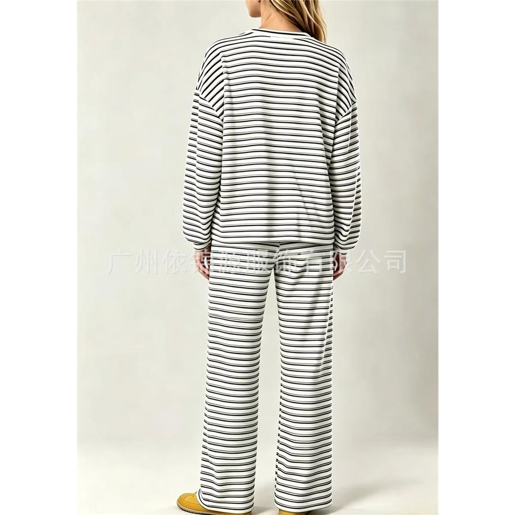 Women Striped 2 Piece Outfit Long Sleeve Crew Neck Top And Drawstring Wide Leg Pants Set Casual Loungewear Pajama Suit