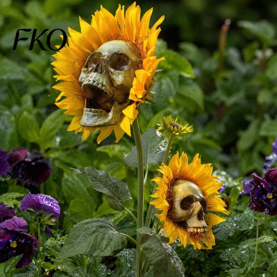 Halloween Lawn Decoration Sunflower Skull Ornament, Theme Garden Decor, Potted Plant Waterproof Outdoor Decoration, for Patio Yard Resin
