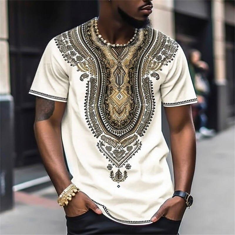 Men S Casual Loose Fit Short Sleeve T Shirt Ethnic Style Print