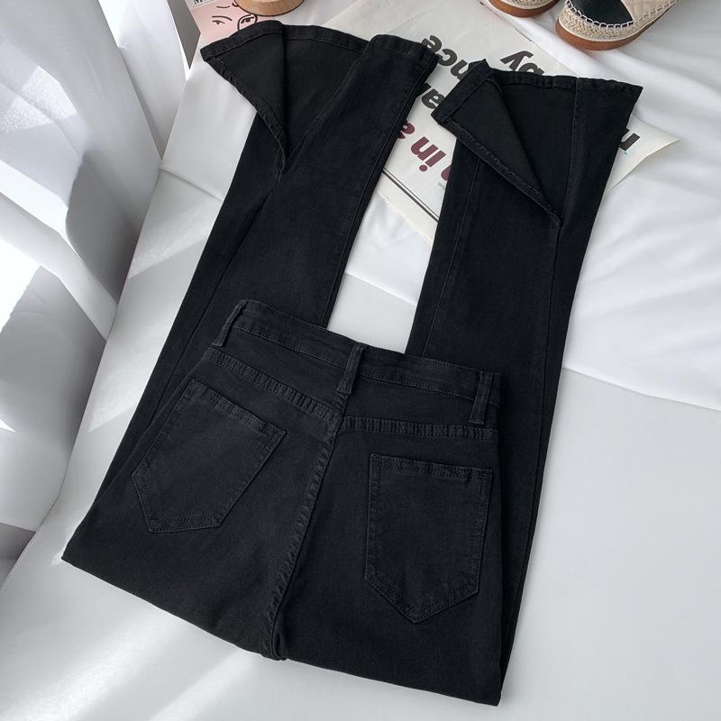 2022 Women's Black Elastic High-Waist Slim Flared Slit Wide-Leg Jeans