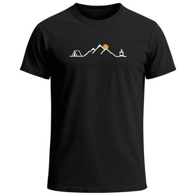 Mens Camping Print T-Shirt Casual Shirt Graphic Lineart Mountains Sun