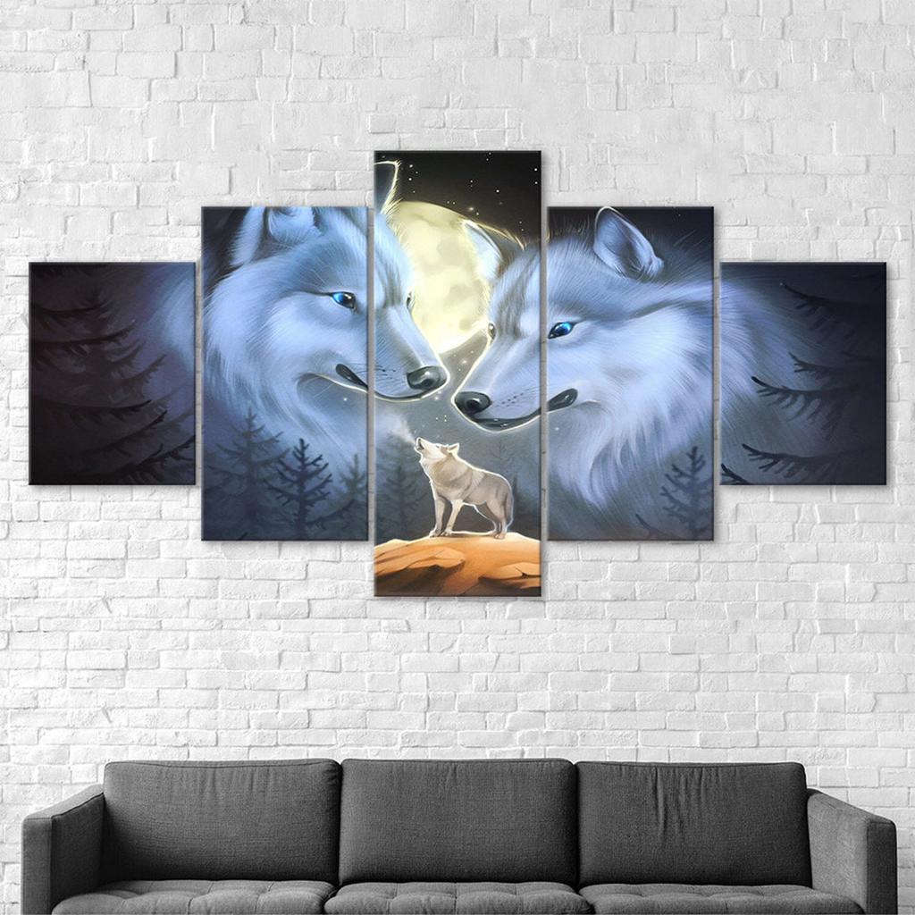 Wolf Family Full Moon Night 5 Piece Five Panel Wall Canvas Print Modern Poster Pictures Home Decor Gift For Him For Her