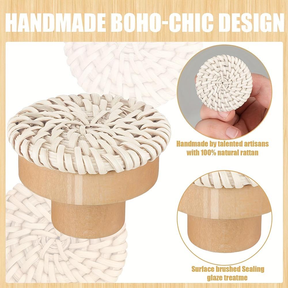 Bohemian Style Rattan Dresser Knobs, Round Wooden Drawer Knobs, Handmade Wicker Weave and Screws for Furniture, Cabinet, Dresser Knobs