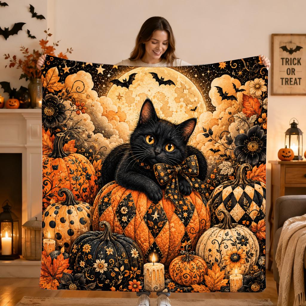 Halloween Black Cat Pumpkin Flannel Blanket Vintage Moon Bat Autumn Floral Print Soft Cozy Holiday Throw Blanket
