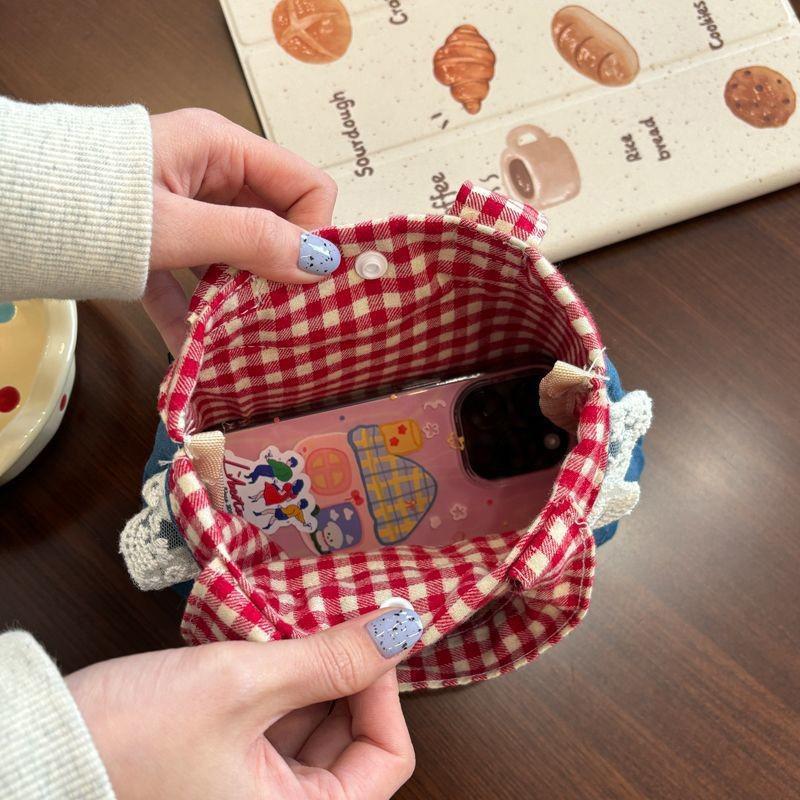 Корейская милая кружевная сумочка, ретро-художественная джинсовая клетчатая сумка с цветными блоками, свежие девчачьи мини-сумки для девочек, подарки