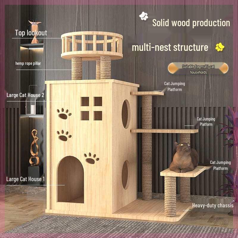 Luxury Solid Wood Cat Tree with Scratching Post and Three-Layer Beds