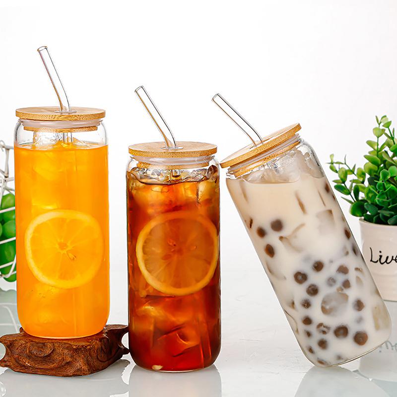 16 унций стеклянная чашка с крышкой и прозрачной трубочкой чашка для чая с пузырьками стеклянная пивная банка молочные чашки мокко набор кружка для завтрака посуда для питья