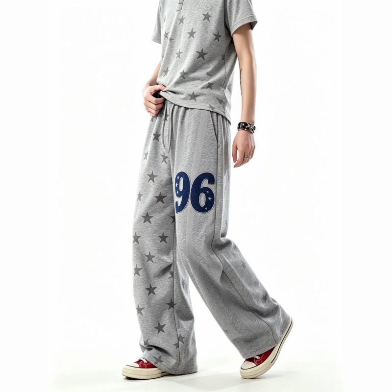 Unisex Retro Star Embroidery Patchwork Striped Loose Wide Leg Sweatpants Casual Pants