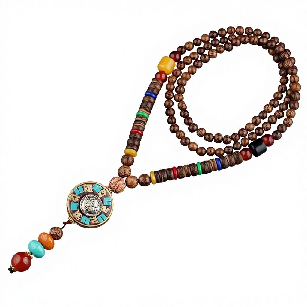 Vintage Nepal Long Buddhist Mala Wood Beaded Pendant & Necklace Ethnic Bohemian Boho Buddha Lucky Jewelry for Women Men