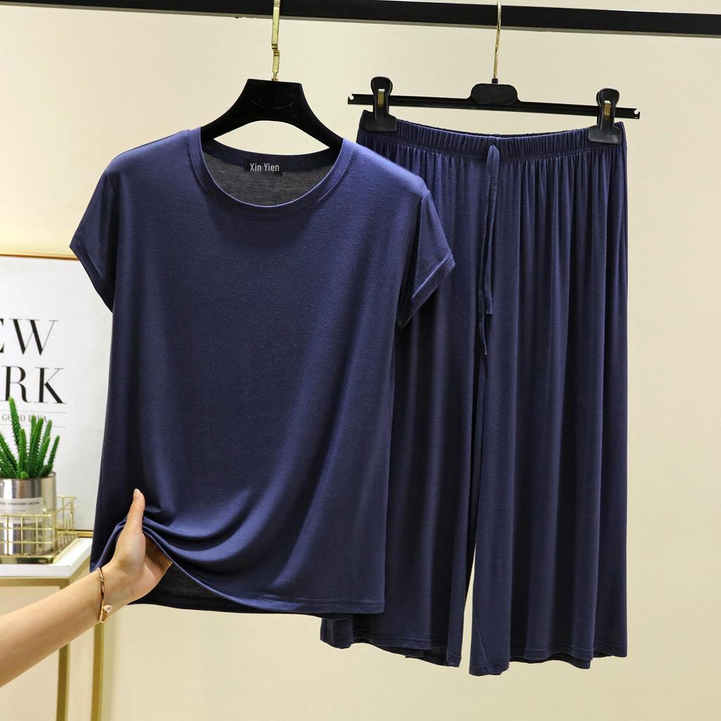 Женский повседневный комплект больших размеров из модала с коротким рукавом - Корейский стиль, брюки с широкими штанинами, двухпредметная домашняя одежда