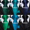Barry.Wang Mens Green Blue Ties with Silver Tie Clip Wedding Silk Necktie Hanky Cufflinks Business Set